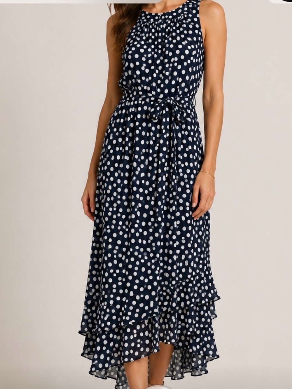 Calvin Klein Sleeveless Flowy Navy white polka dot Midi Dress size 4
